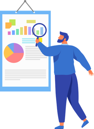 Homme avec une loupe recherchant des informations dans un document texte  Illustration