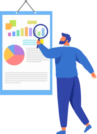 Homme avec une loupe recherchant des informations dans un document texte  Illustration