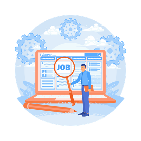Homme à la recherche d'un emploi et recherche d'articles sur les offres d'emploi sur un ordinateur portable  Illustration