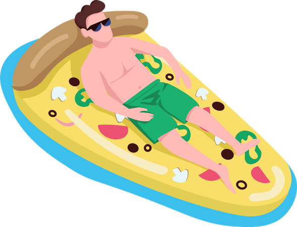Homme à lunettes de soleil dans un matelas pneumatique à pizza  Illustration