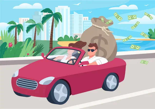 Homme qui a réussi en voiture avec un sac d'argent  Illustration