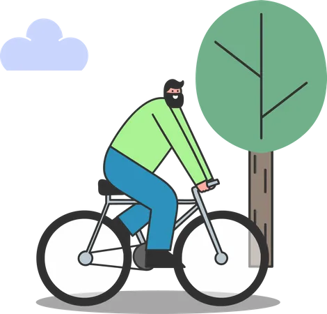 Homme faisant du vélo dans la forêt  Illustration