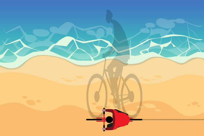 Homme à vélo sur la plage près du bord de mer  Illustration