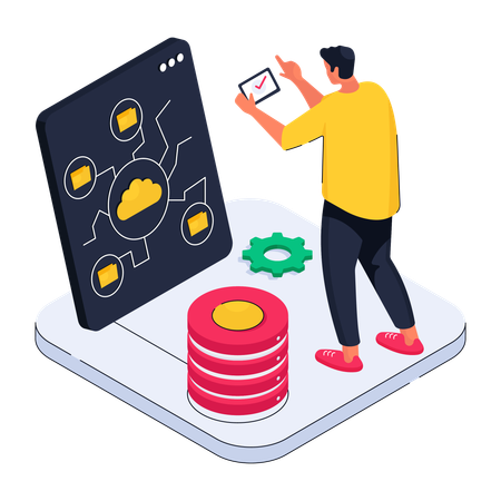 Un homme accède à des fichiers sur un serveur cloud  Illustration