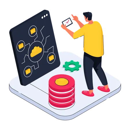 Un homme accède à des fichiers sur un serveur cloud  Illustration