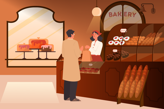 Homme achetant de la nourriture dans une boulangerie  Illustration