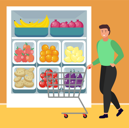 Homme achetant des aliments biologiques et frais au supermarché  Illustration