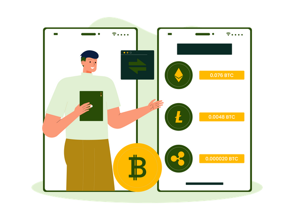 Homme achetant de la crypto via un échange mobile  Illustration