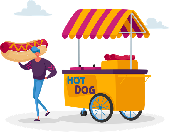 Homme achetant un hot-dog dans un étal de rue  Illustration