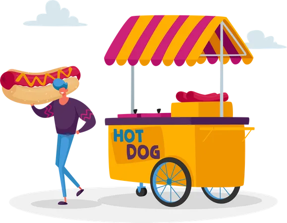 Homme achetant un hot-dog dans un étal de rue  Illustration