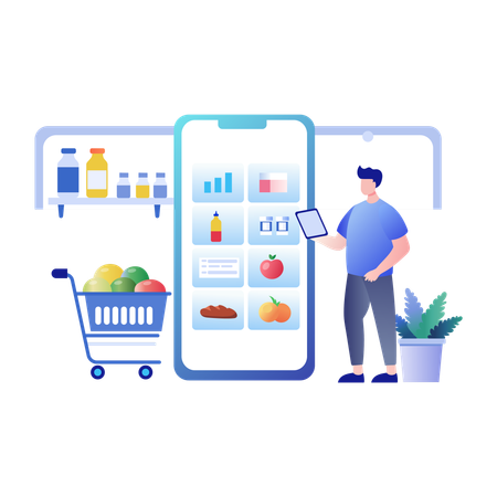 Un homme achète des produits d'épicerie via l'application Grocery  Illustration