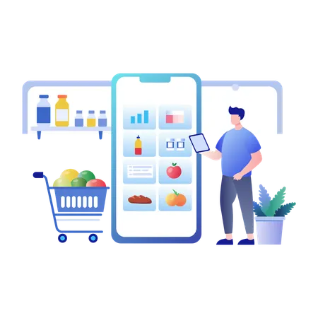 Un homme achète des produits d'épicerie via l'application Grocery  Illustration