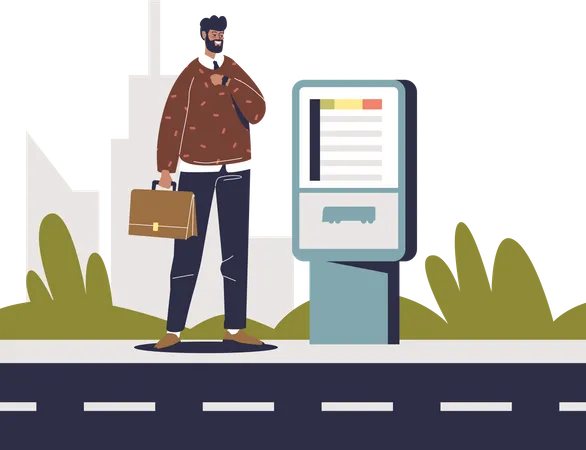 Homme achetant un billet pour un bus public au distributeur de billets en libre-service  Illustration