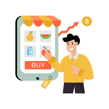 Un homme achète des produits d'épicerie en ligne  Illustration