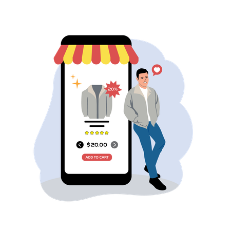 Un homme achète une veste via une application en ligne  Illustration