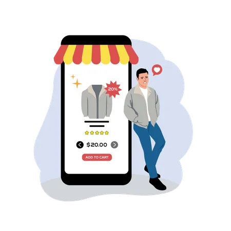 Un homme achète une veste via une application en ligne  Illustration