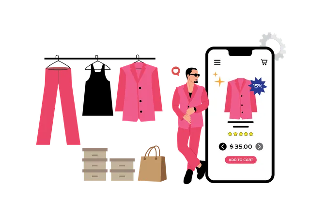 Un homme achète des vêtements sur une application de commerce électronique  Illustration