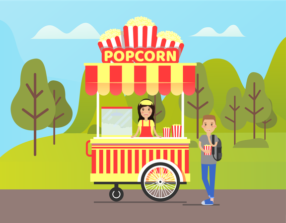 Un homme achète du pop-corn dans un kiosque de rue  Illustration