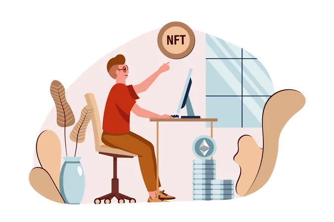 Un homme achète du NFT en utilisant Ethereum  Illustration