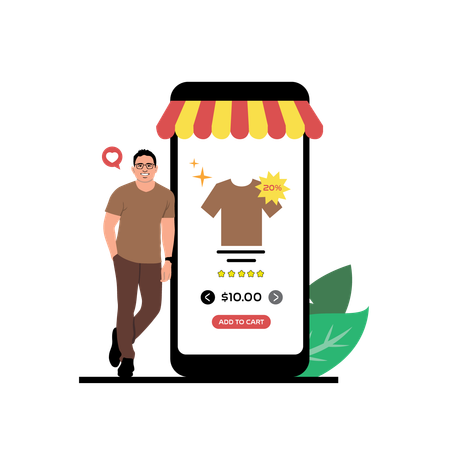 Un homme achète un t-shirt sur l'application e-commerce  Illustration