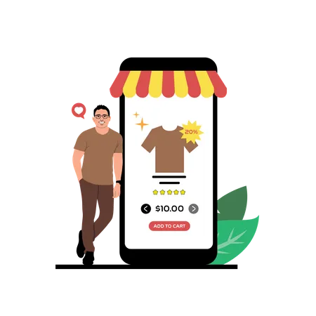 Un homme achète un t-shirt sur l'application e-commerce  Illustration