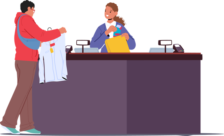 Un homme achète une nouvelle chemise et des chaussettes à la mode debout au comptoir de la caisse  Illustration