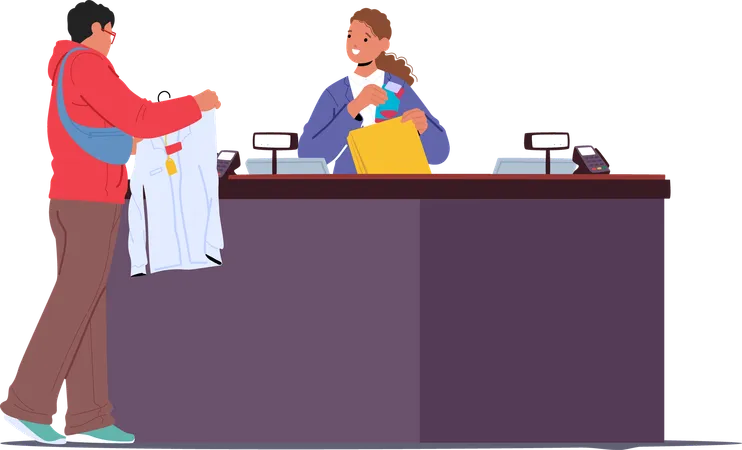 Un homme achète une nouvelle chemise et des chaussettes à la mode debout au comptoir de la caisse  Illustration