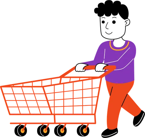 Man Shopper poussant un chariot vide  Illustration