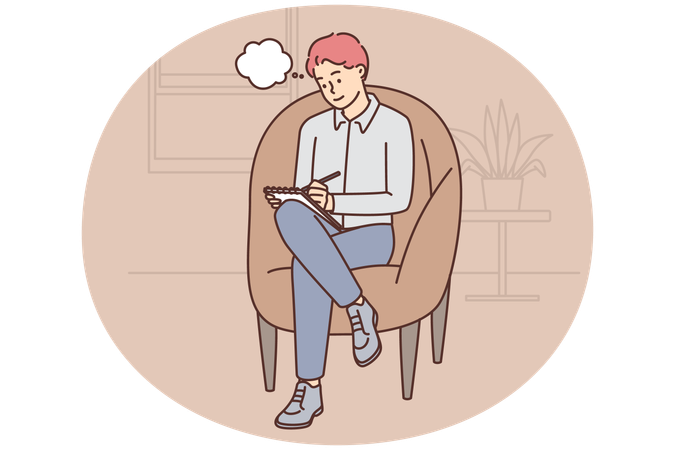 Un homme adulte est assis dans un fauteuil confortable et prend des notes dans un cahier pour planifier sa journée  Illustration