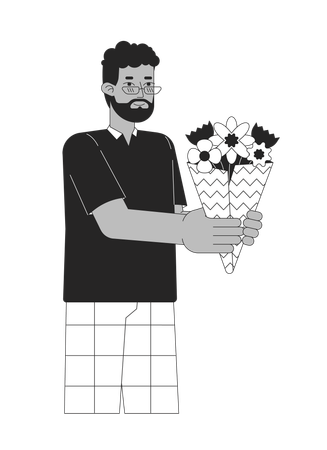 Homme afro-américain tenant un bouquet de fleurs  Illustration