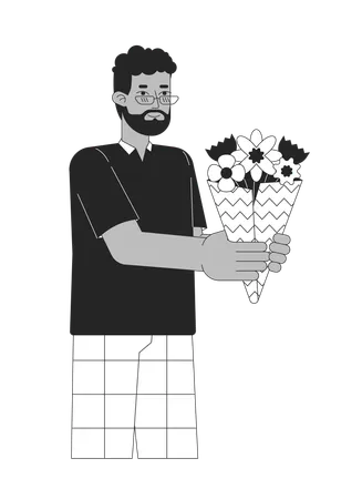 Homme afro-américain tenant un bouquet de fleurs  Illustration