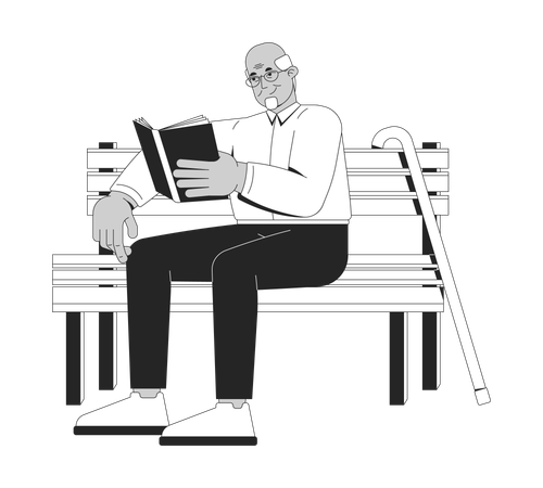 Un homme âgé lisant un livre sur un banc dans un parc  Illustration