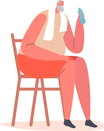 Un homme âgé assis sur une chaise avec une serviette sur les épaules boit de l'eau après l'exercice  Illustration