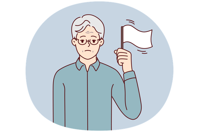 Un homme âgé au visage triste se tient debout, montrant un drapeau blanc en signe de manque de force  Illustration