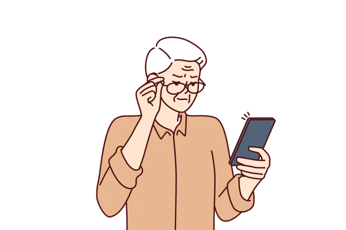 Un homme âgé avec une mauvaise vue louche en regardant l'écran du téléphone portable pour lire les SMS  Illustration