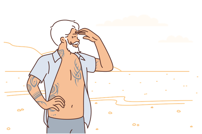 Un homme brutal âgé se tient sur la plage  Illustration