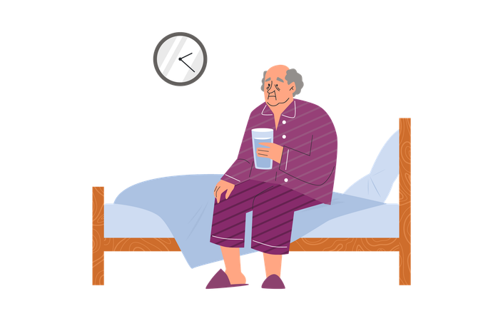 Un homme âgé bouleversé assis sur son lit avec un verre d'eau  Illustration