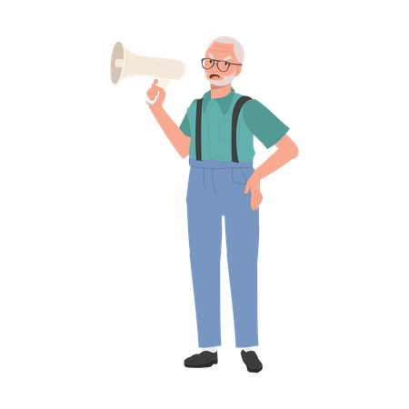 Un homme âgé mène une manifestation passionnée avec un mégaphone vocal  Illustration