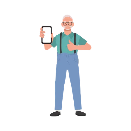 Un homme âgé lève le pouce en guise d'approbation pour son smartphone  Illustration