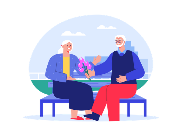 Homme âgé donnant une fleur à une femme âgée  Illustration
