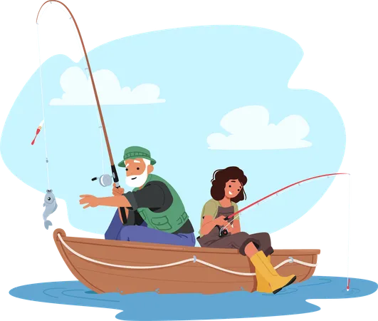 Un homme âgé et une jeune fille pêchent à bord d'un petit bateau  Illustration