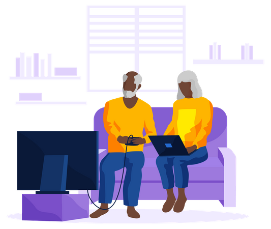 Homme âgé jouant à un jeu vidéo et femme travaillant sur un ordinateur portable  Illustration
