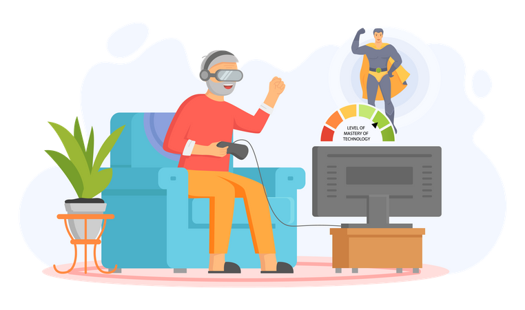 Homme âgé jouant à un jeu vidéo  Illustration