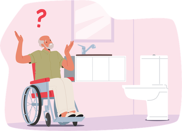 Un homme âgé mécontent en fauteuil roulant découragé par l'impossibilité d'utiliser les toilettes  Illustration