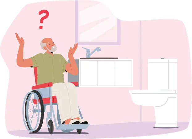 Un homme âgé mécontent en fauteuil roulant découragé par l'impossibilité d'utiliser les toilettes  Illustration