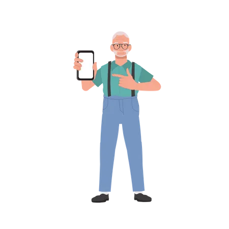 Un homme âgé pointant le doigt sur un smartphone  Illustration