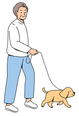 Un homme âgé marchant avec un chien  Illustration