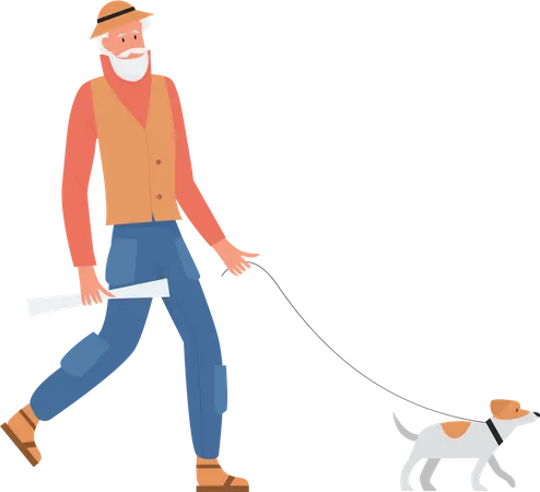 Homme âgé marchant avec un chien  Illustration