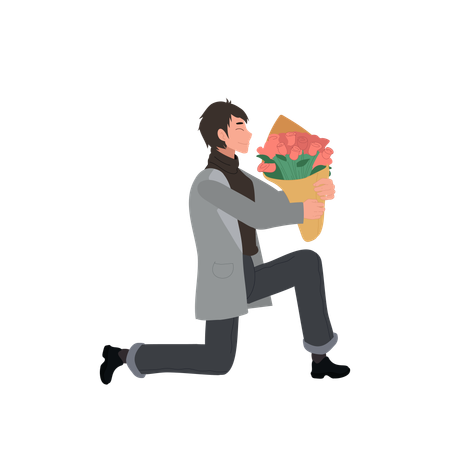 Homme à genoux présentant un bouquet de roses  Illustration