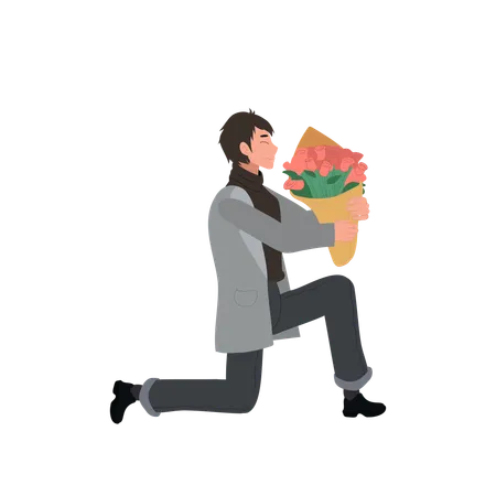 Homme à genoux présentant un bouquet de roses  Illustration